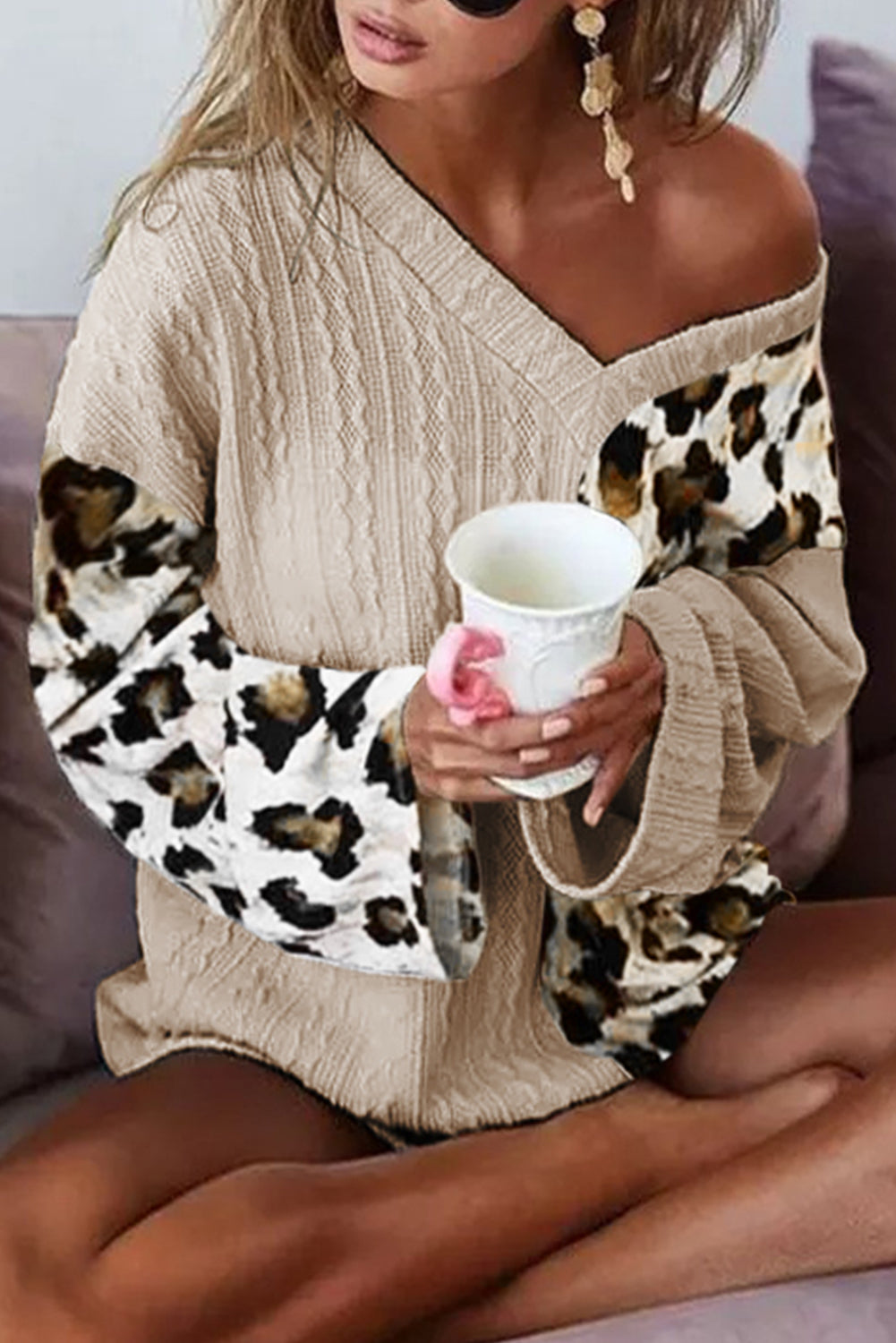 Khaki Asymmetric Leopard Patchwork Wide Sleeve V Neck Sweater