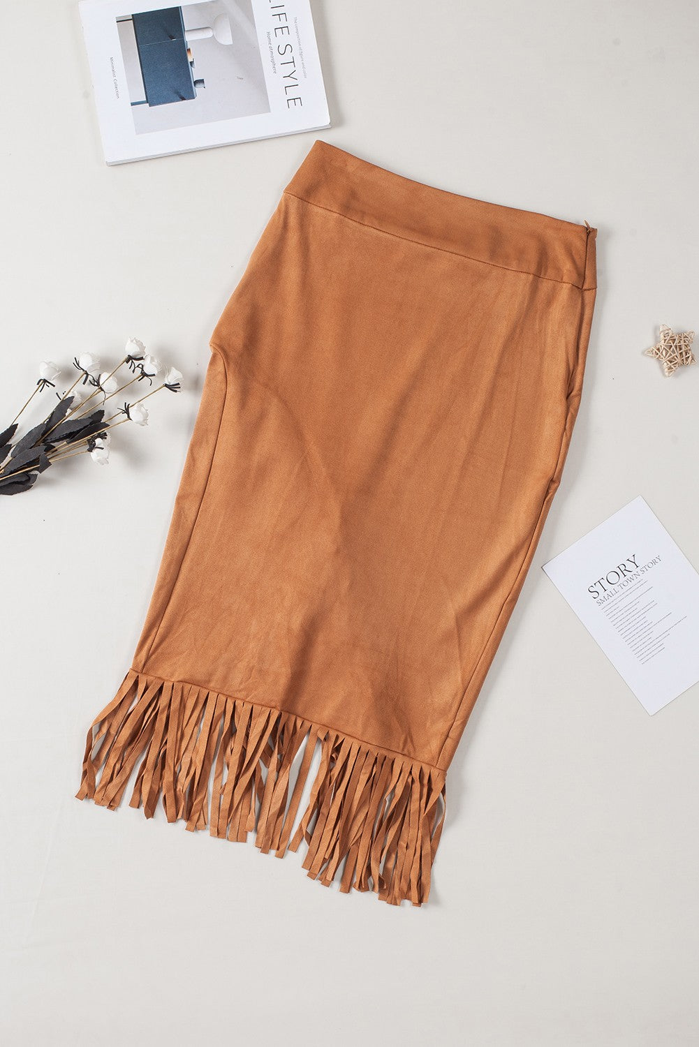 Brown Fringe Asymmetric Wrap Suede Midi Skirt