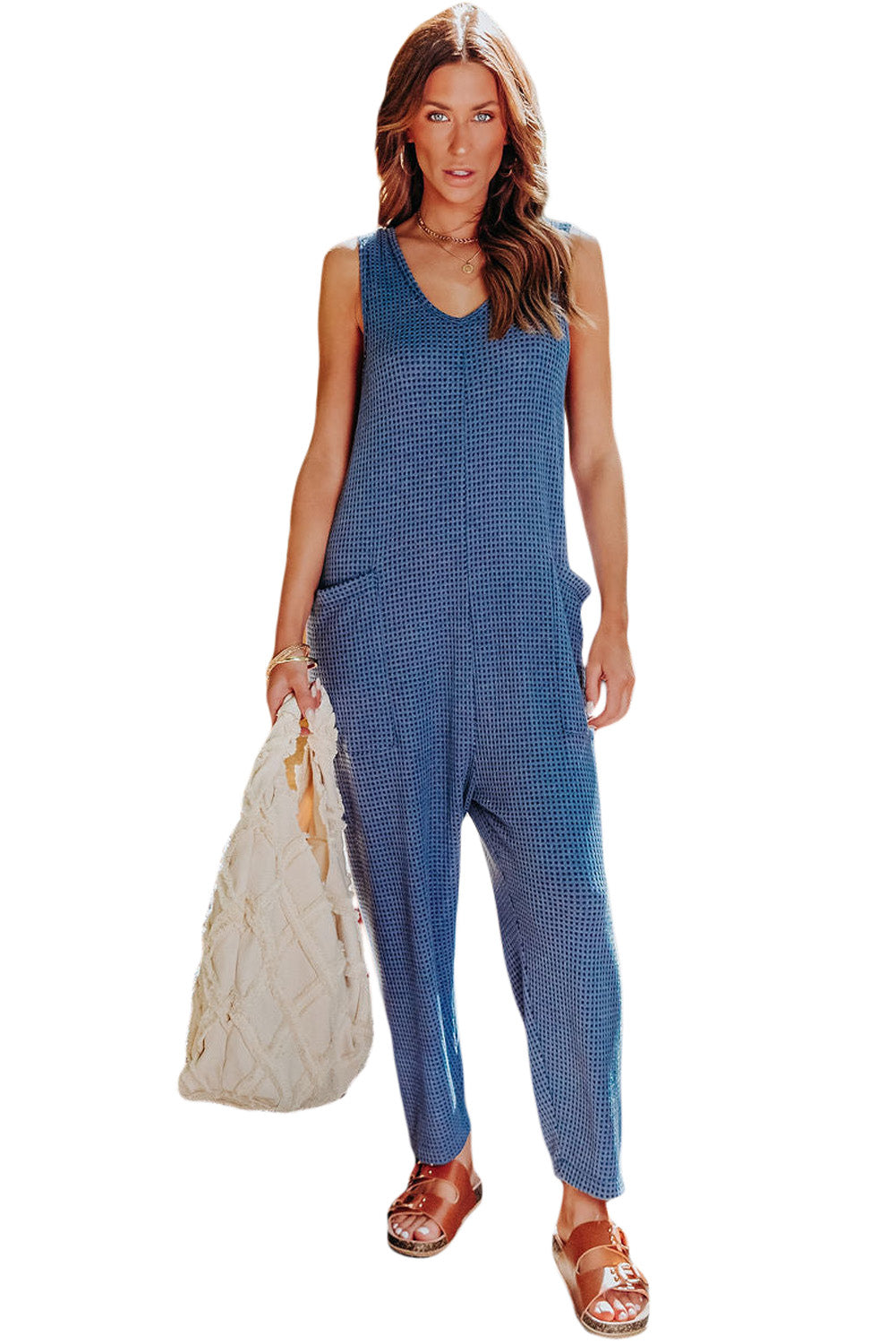 Blue Slouchy Sleeveless Waffle Knit Jumpsuit