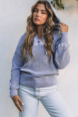 Gray Henley V Neck Hooded Sweater