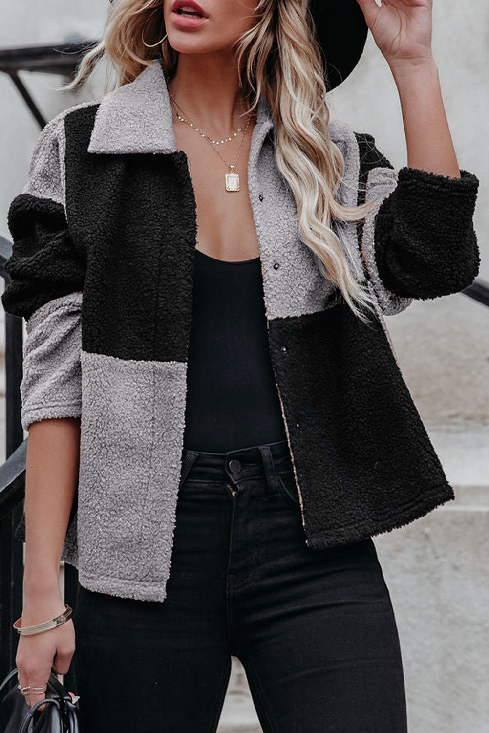 Black Colorblock Checkered Sherpa Jacket