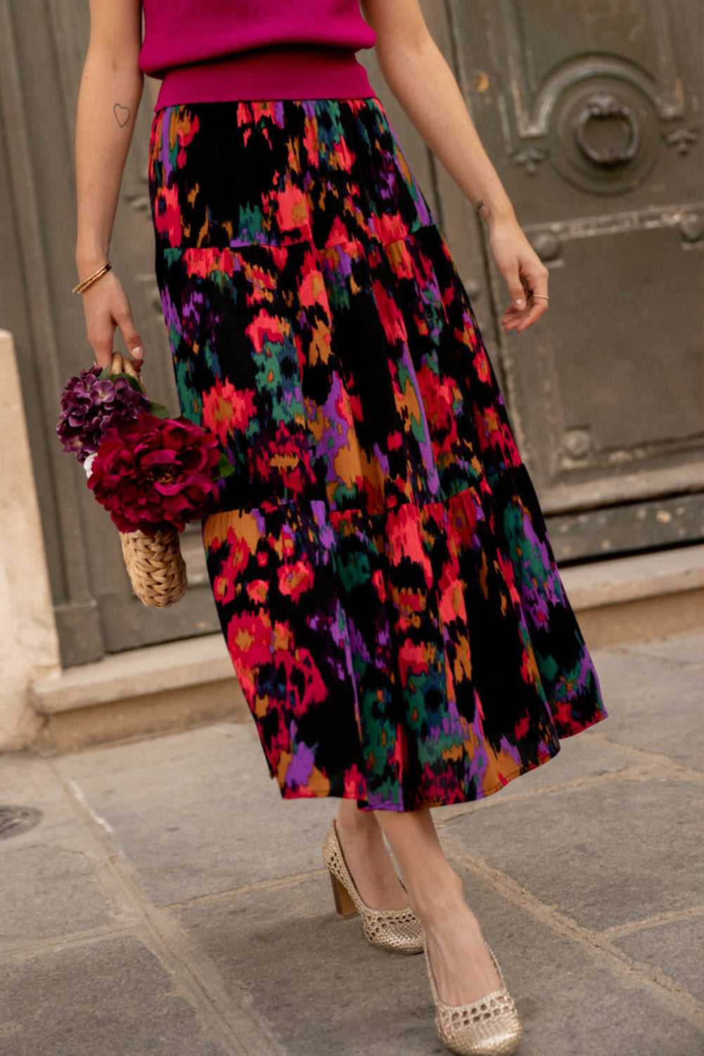 Black Abstract Floral Print High Waist Maxi Skirt