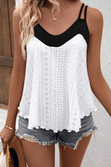 White Two Tone Splicing Eyelet Textured Tank Top