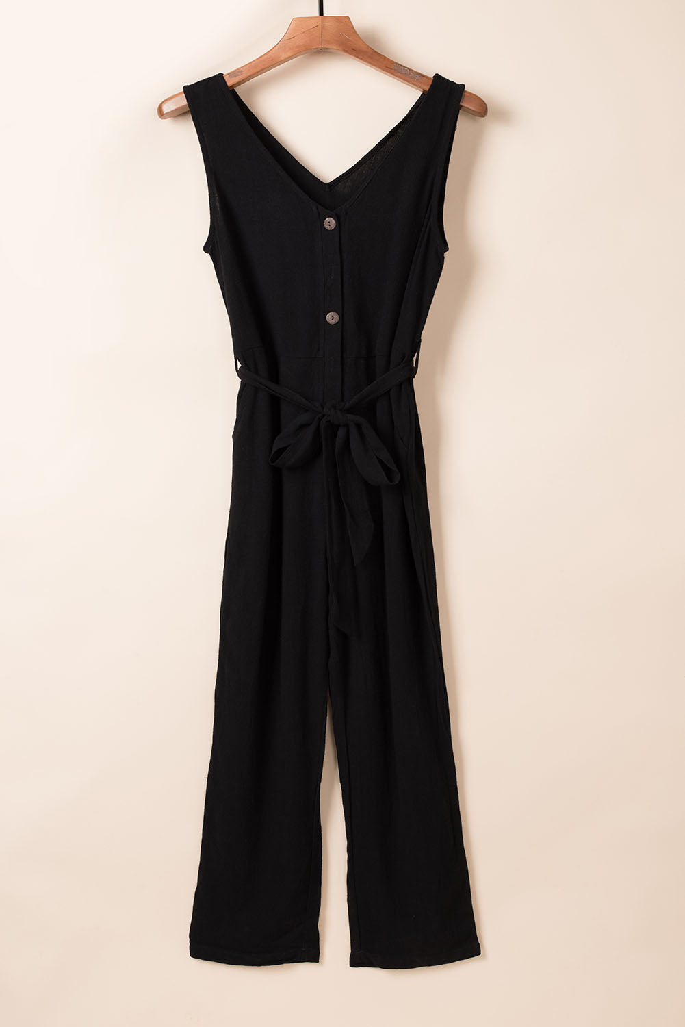 Black V Neck Button Belted Jumpsuit with Pockets