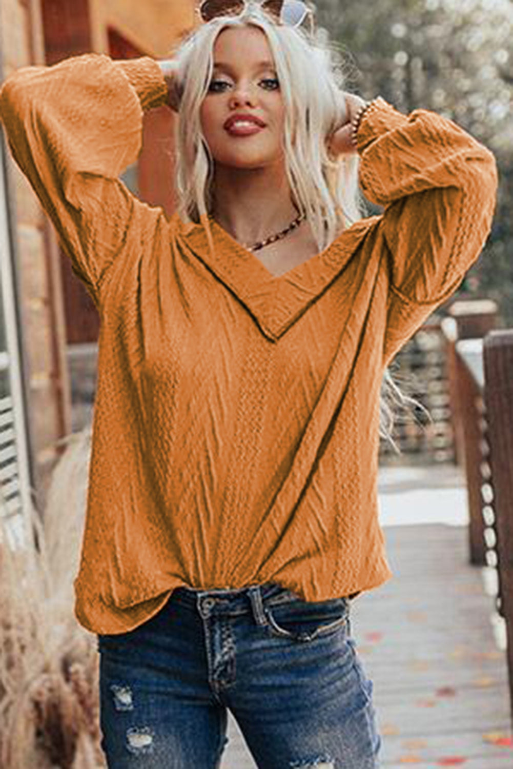 Orange Textured V Neck Long Sleeve Knit Top