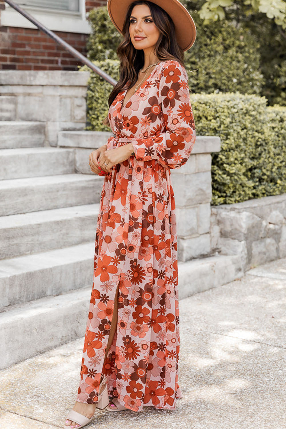 Orange Plus Size Floral Print V Neck Wrap Side Slit Maxi Dress