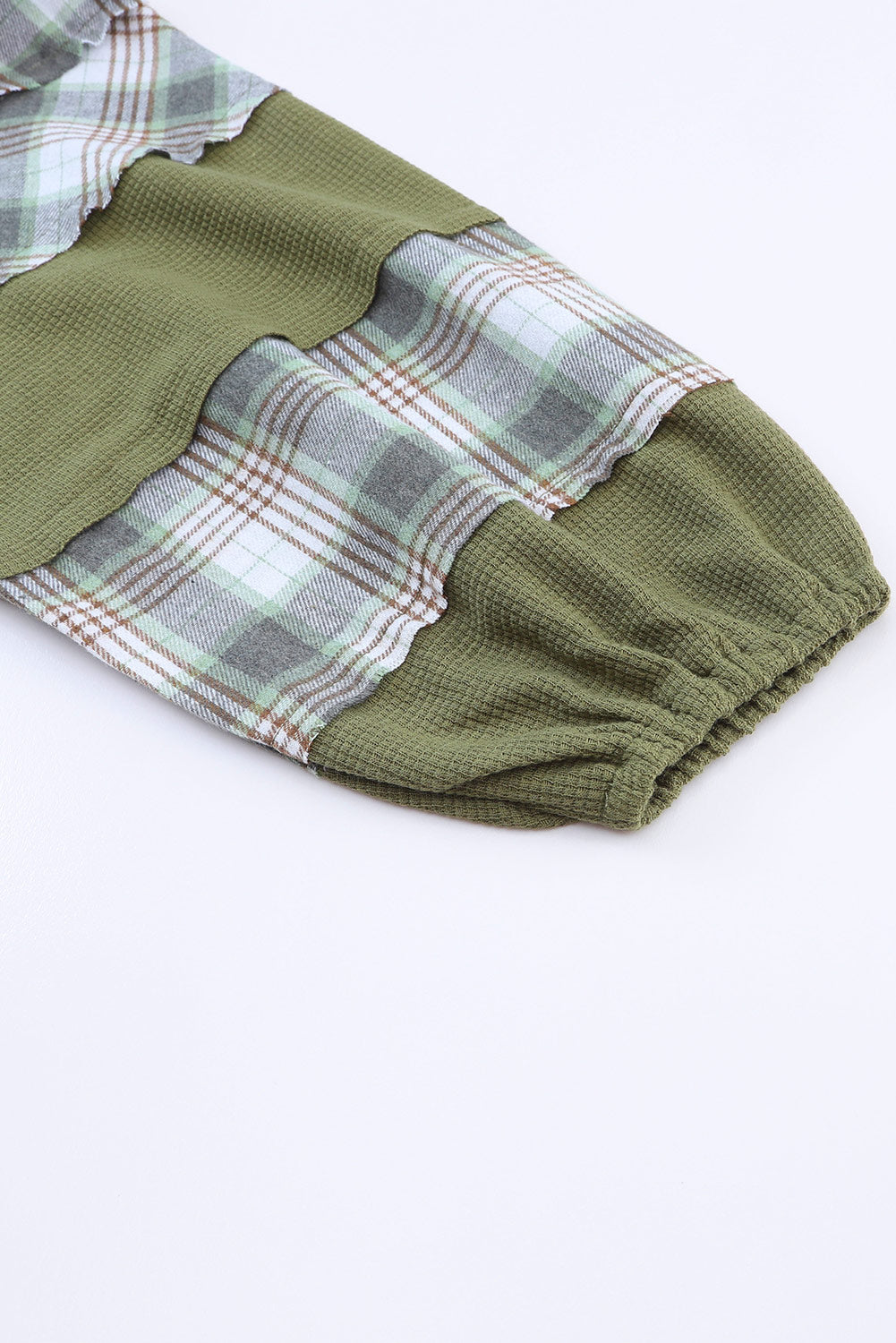 Green Plaid Patch Waffle Knit Exposed Seam Bubble Sleeve Top