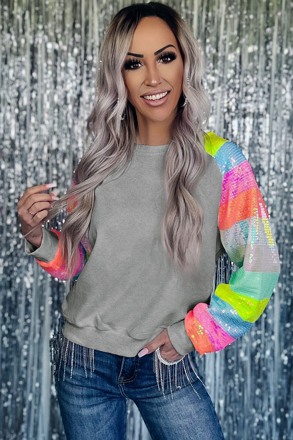 White Sequin Color Block Raglan Sleeve Pullover Sweatshirt