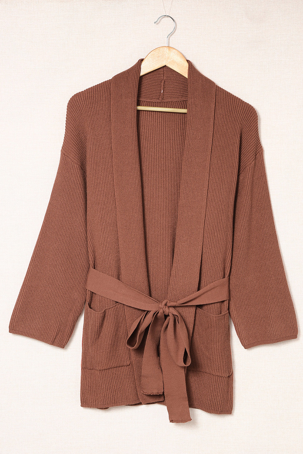 Black Robe Style Rib Knit Pocketed Cardigan with Belt