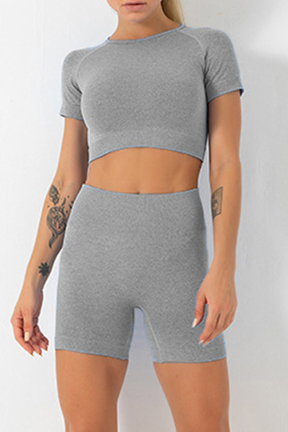 Rose Solid Crop Top and High Waist Shorts Yoga Set