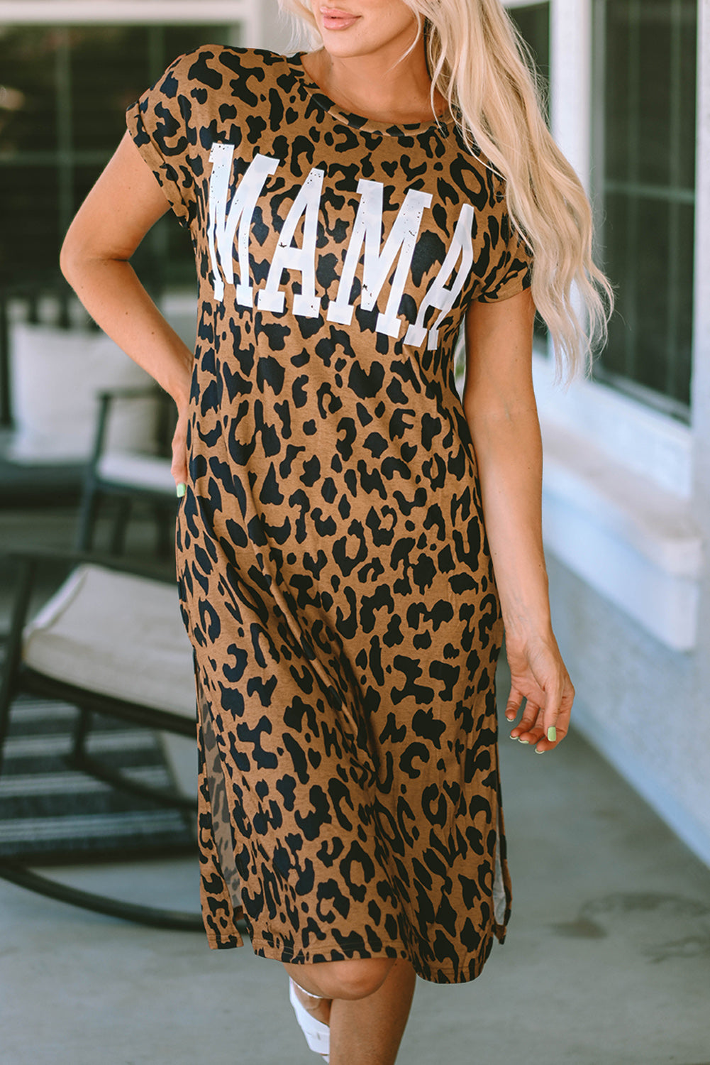 Leopard MAMA Letter Print Slit T-Shirt Dress