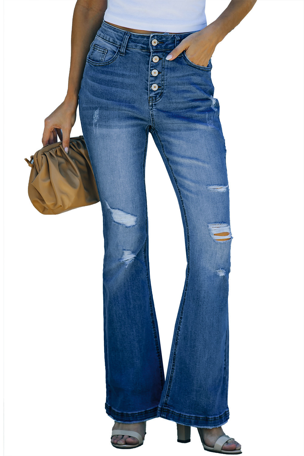 Light Blue Mid Rise Button Front Flare Denim