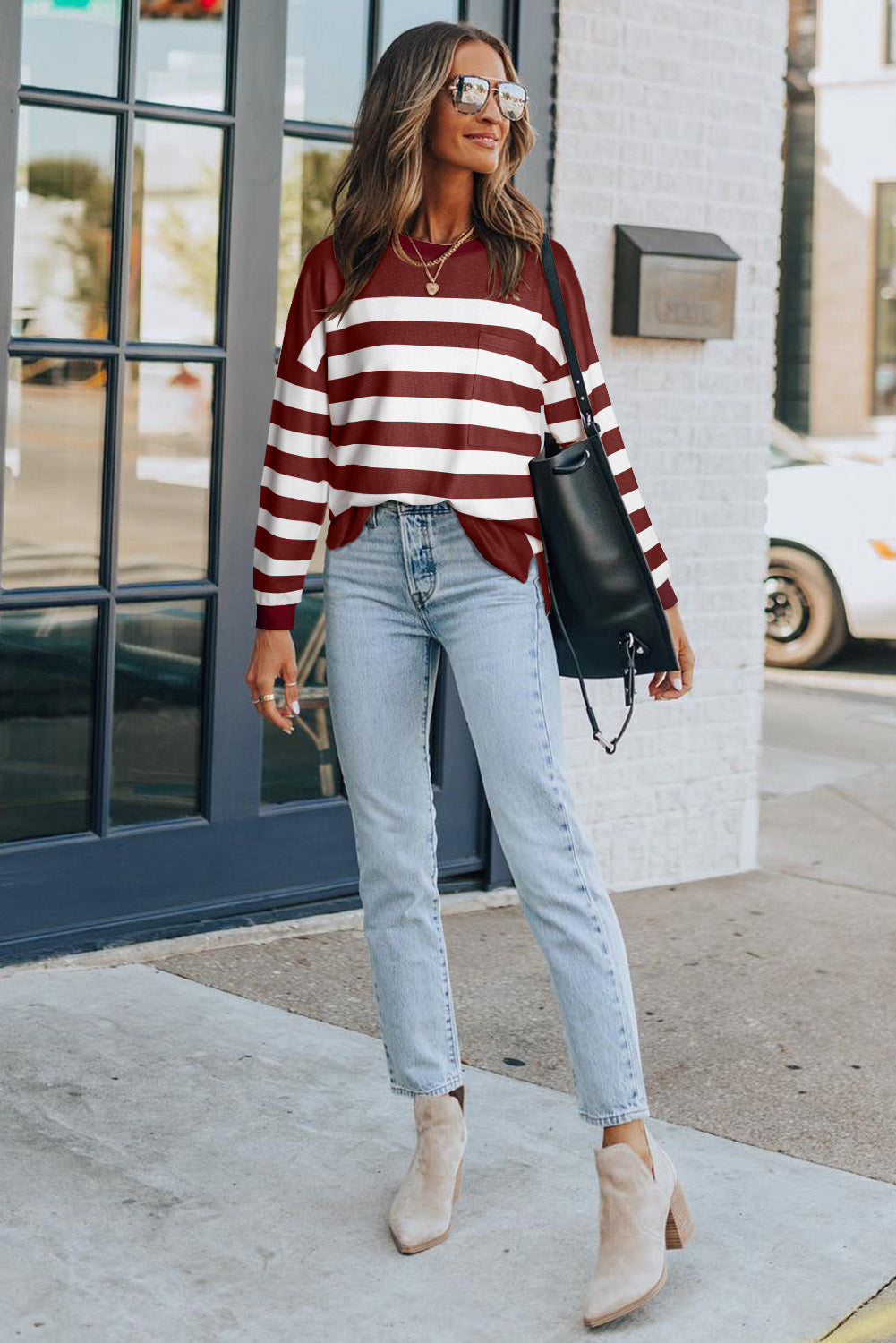 Red Print Pocketed Long Sleeve Top with Slits