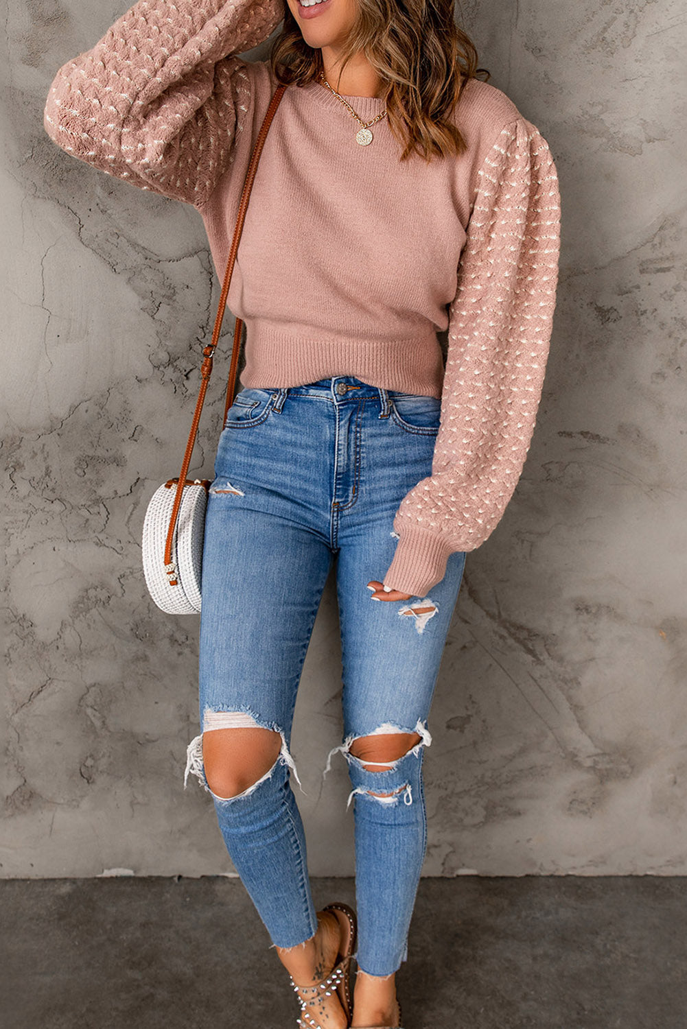 Pink Textured Bubble Sleeve Knit Sweater