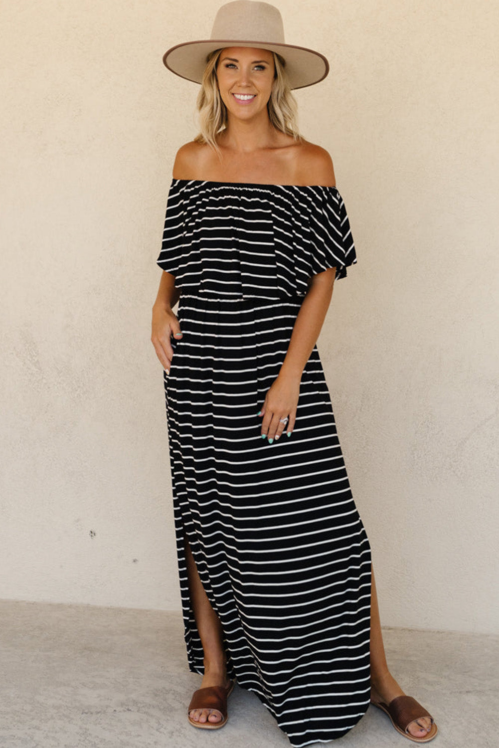 Blue Striped Print Ruffled High Waist Maxi Dress with Side Splits