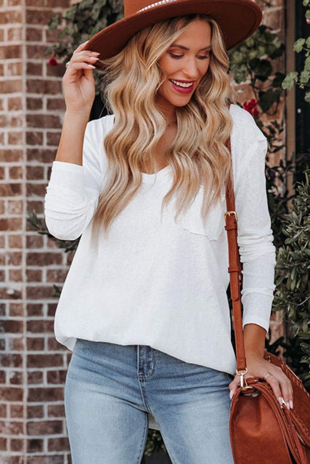 White Plain Basic Long Sleeve Tee with Pocket