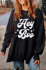 Black Hey Boo Print Drop Sleeve Side Split Oversized Sweatshirt