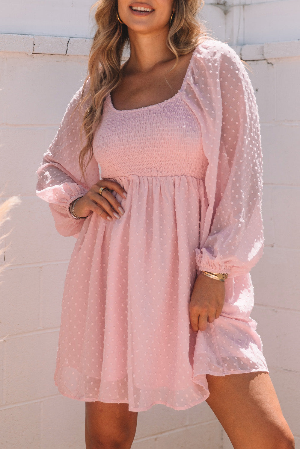 Pink Swiss Dot Smocked Puff Sleeve Mini Dress