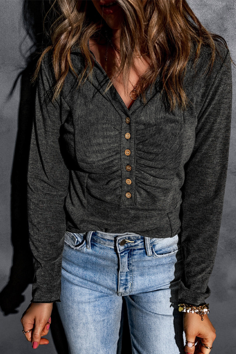 Black V Neck Buttons Ruched Long Sleeve Top