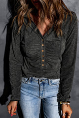 Black V Neck Buttons Ruched Long Sleeve Top