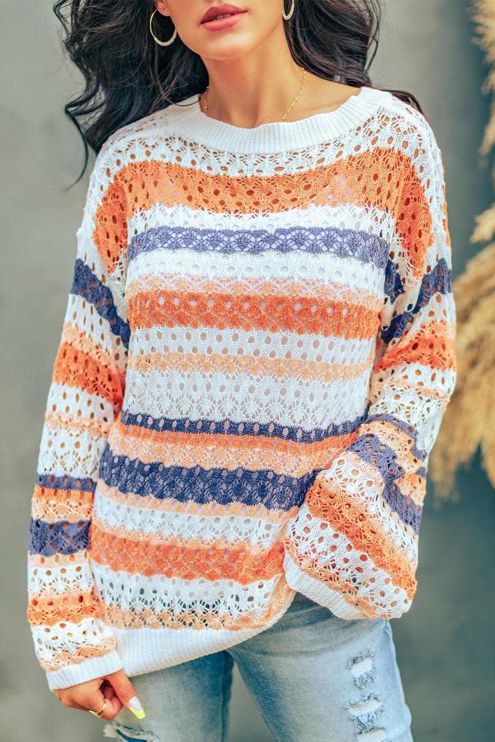 Multicolor Striped Loose Fit Hollow-out Knit Sweater