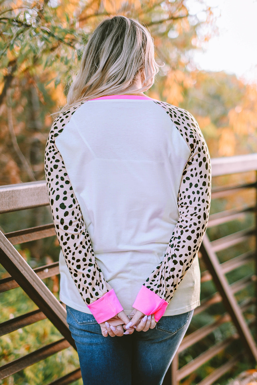 White Leopard Patchwork Long Sleeve Plus Size Top