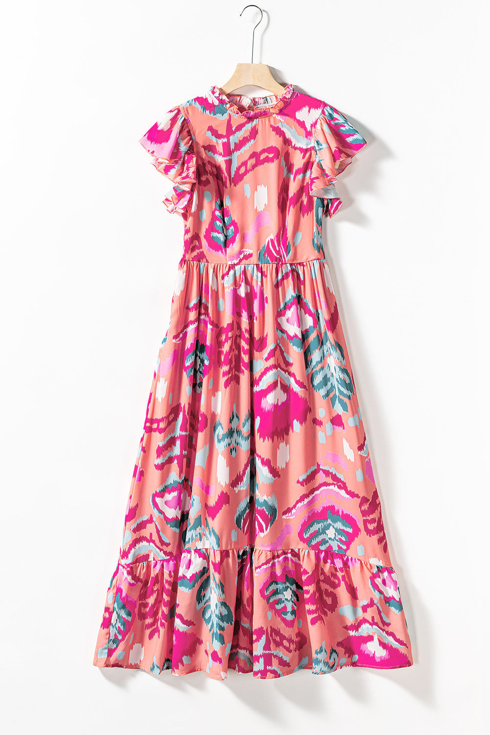 Multicolor Abstract Floral Print Frill Neck Ruffle Maxi Dress