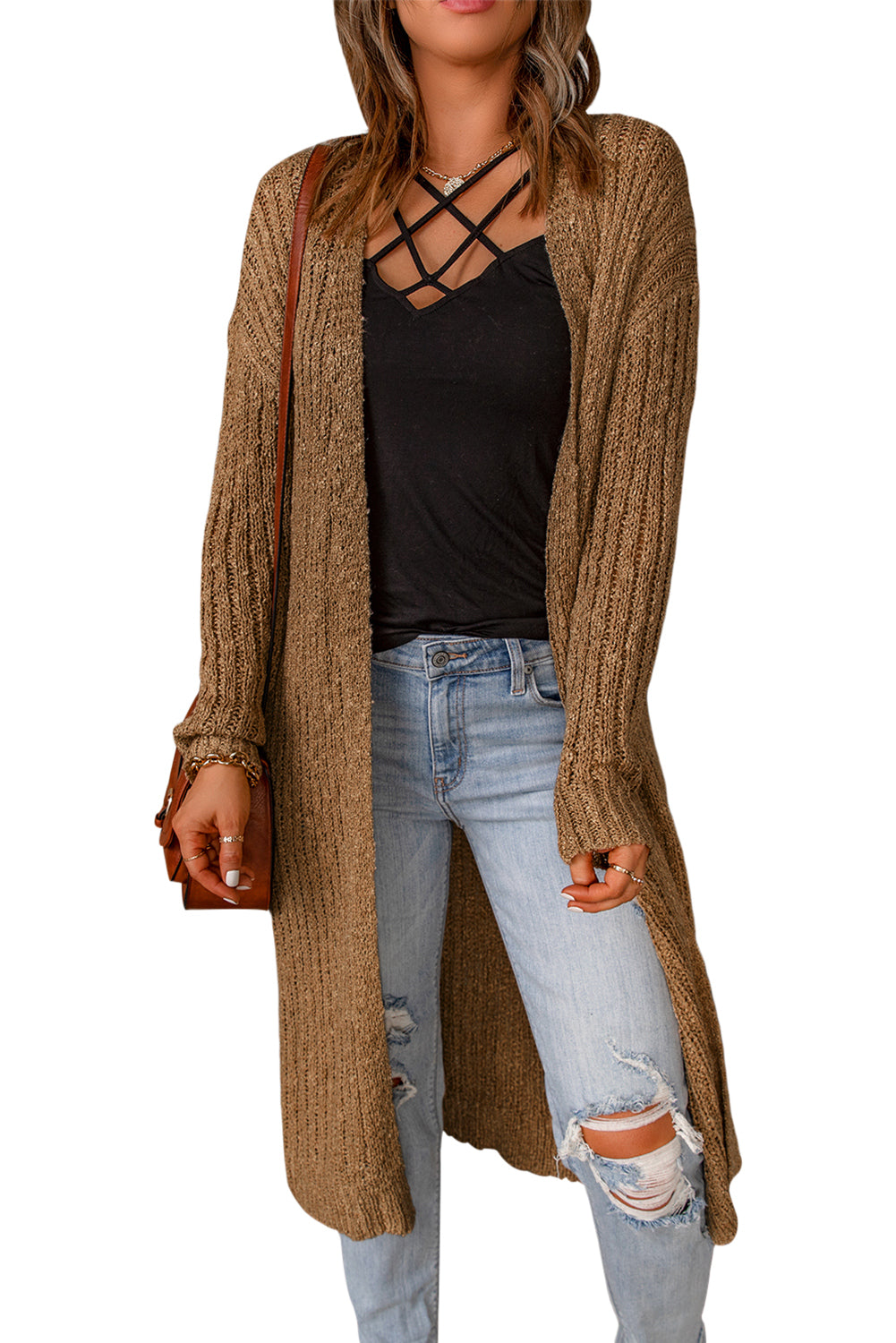 Brown Open Front Drop Shoulder Knitted Cardigan