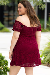 Red Lace Frill Bubble Sleeve Off Shoulder Plus Size Dress