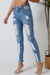 Sky Blue Distressed Straight Leg High Waist Jeans