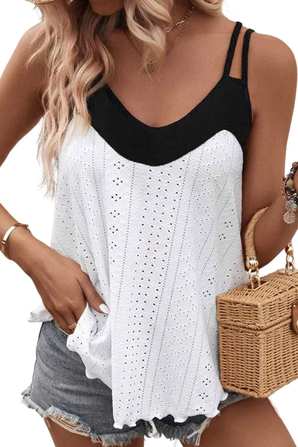 White Two Tone Splicing Eyelet Textured Tank Top