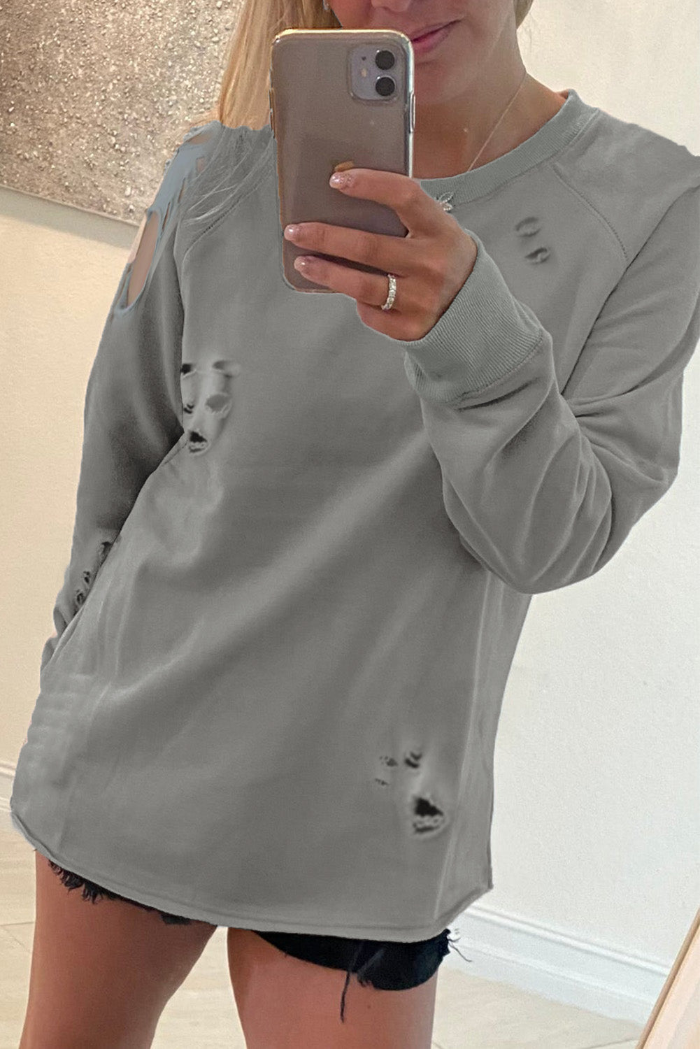 Gray Ribbed Trim Distressed Pullover Top