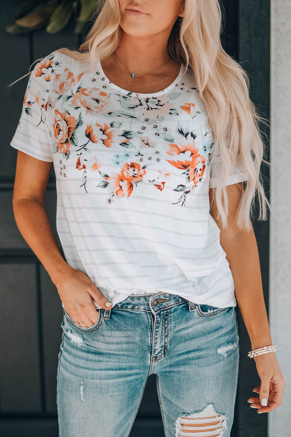 Floral Striped Print Short Sleeve Tee