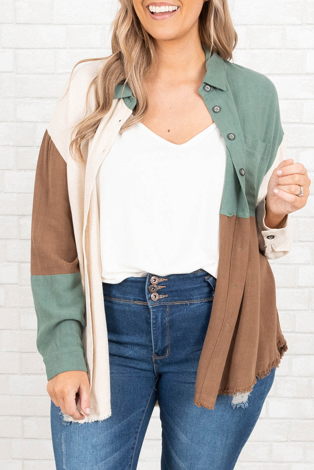 Green Colorblock Raw Edge Plus Size Shirt