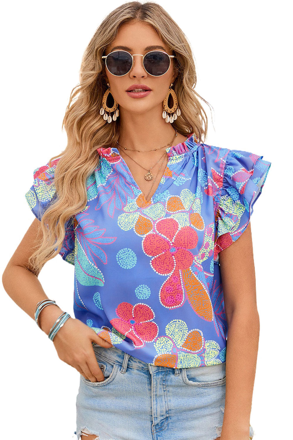 Blue Split V Neck Flutter Floral Top