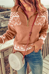 Blue Geometry Knit Quarter Zip Sweater