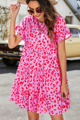 Pink Leopard Print Ruffle Short Sleeve Tiered Dress
