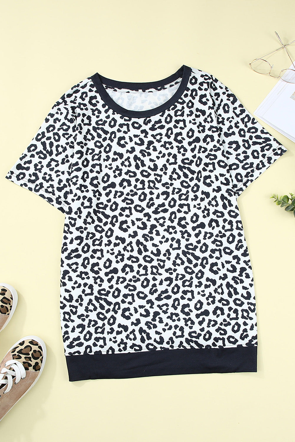 White Camouflage Print Round Neck T-shirt with Slits