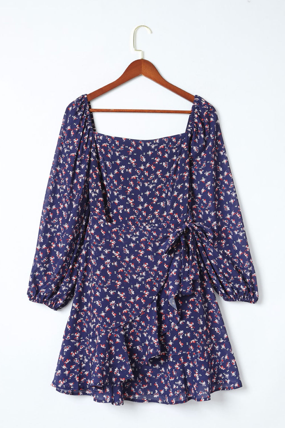 Blue Floral Print Smocked Square Neck Bubble Sleeve Dress