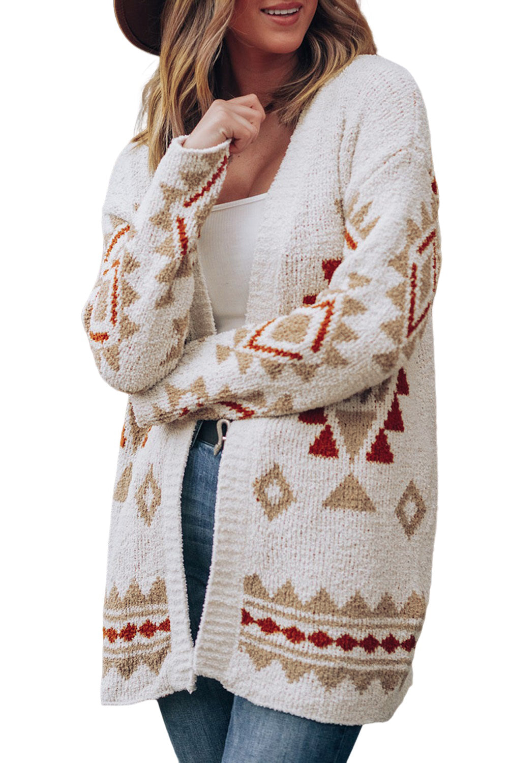 White Aztec Pattern Open Knitted Cardigan