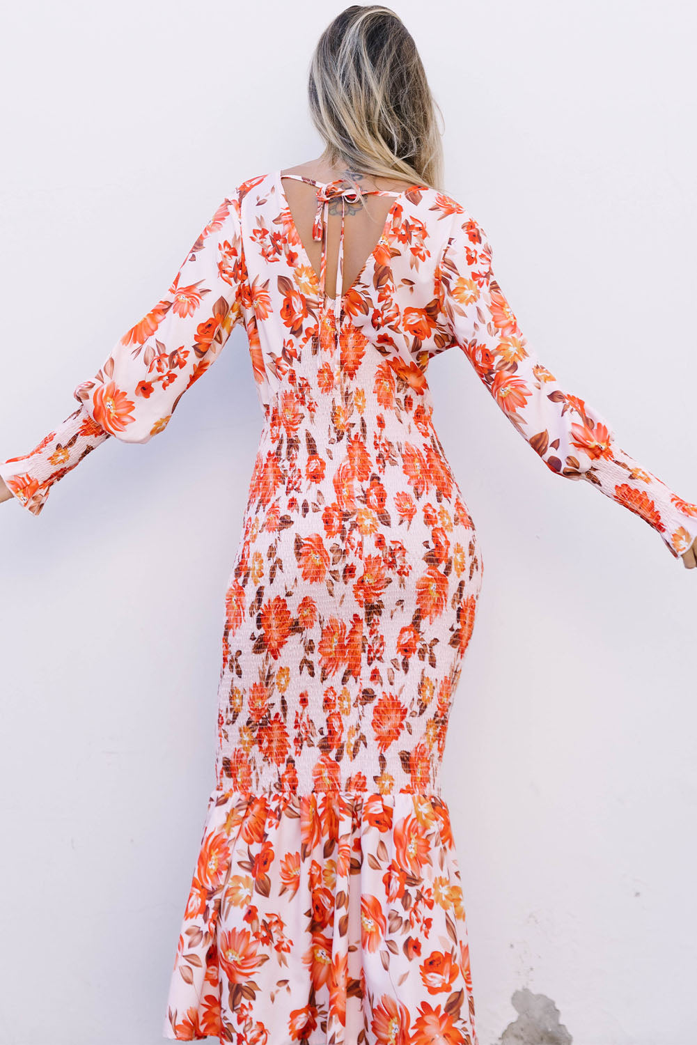 Orange Floral Print Shirred Fit and Flare Deep V Neck Midi Dress