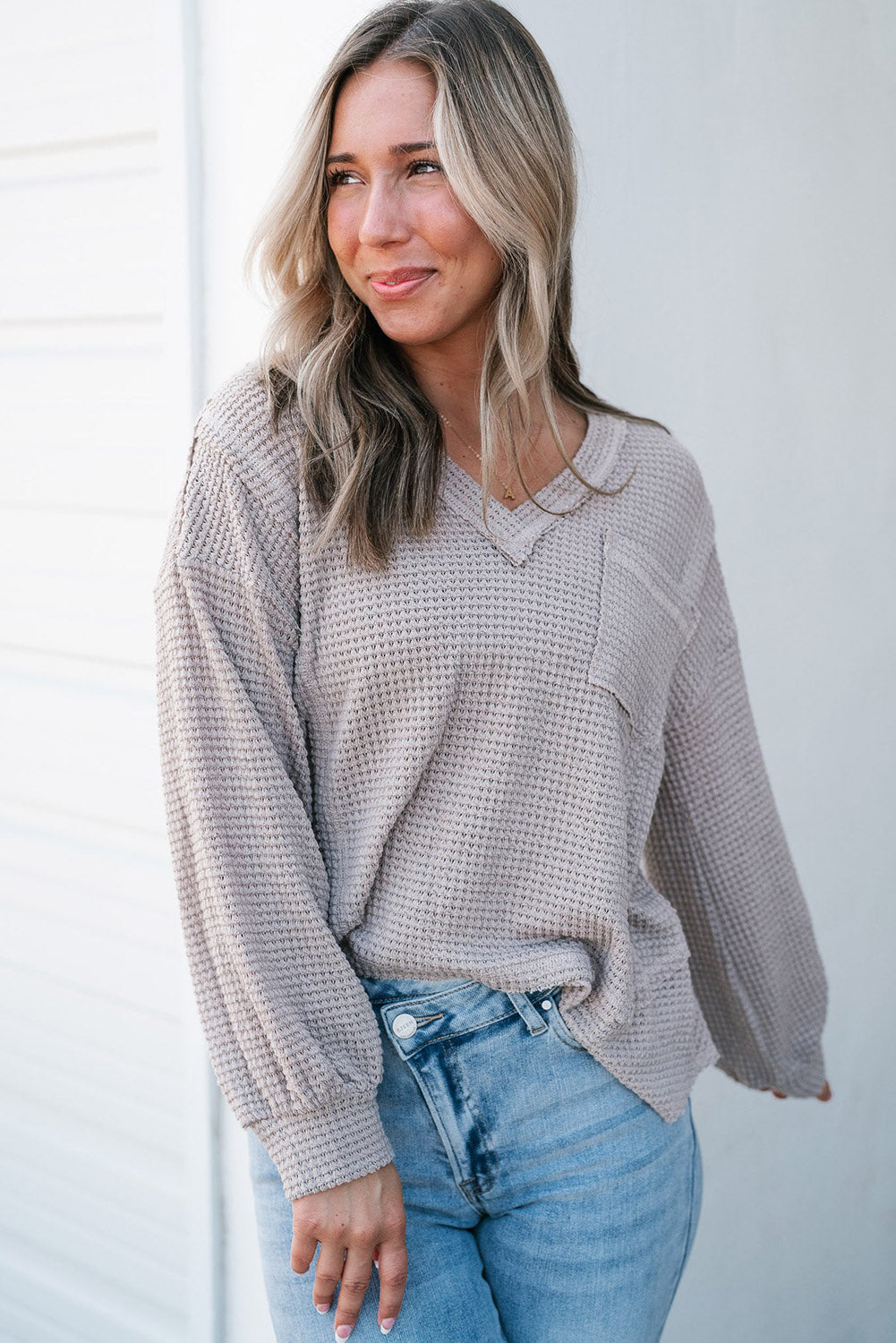 Light Grey Raw Edge Detail Waffle Knit V Neck Top