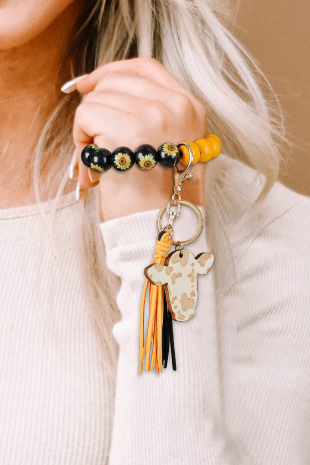 Black Sunflower Beading Cow Pendant Tassel Keychain