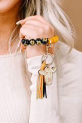 Black Sunflower Beading Cow Pendant Tassel Keychain
