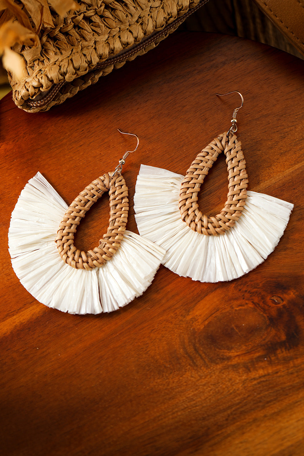 Beige Bohemian Semi-circle Woven Drop Earrings