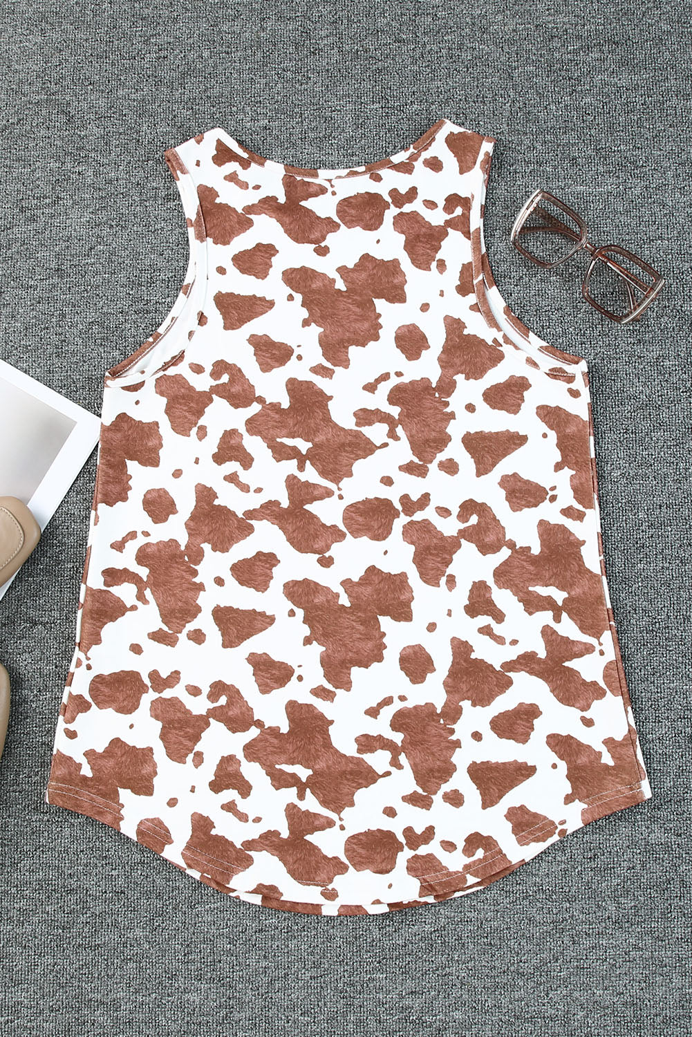 Brown Cow Print Crew Neck Tank Top