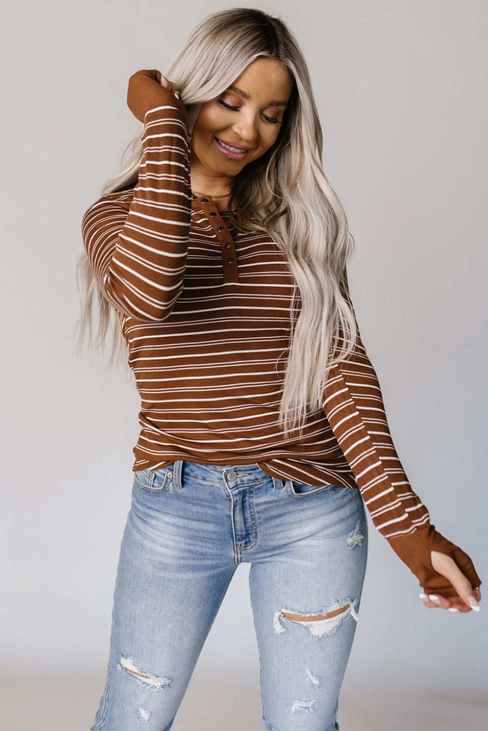 Brown Thumbhole Sleeve Striped Henley Top