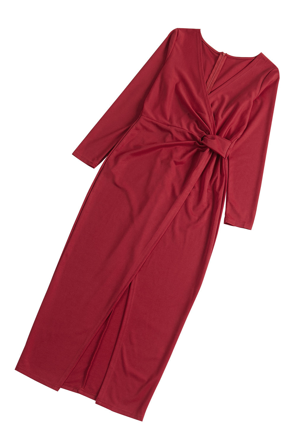 Red Black Long Sleeve V Neck Twist Front Slit Long Dress