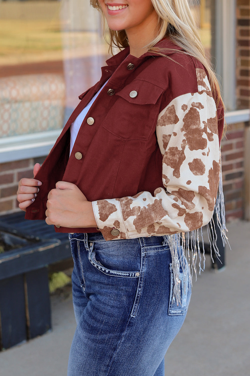 Red Abstract Print Sleeve Back Fringed Cropped Denim Jacket