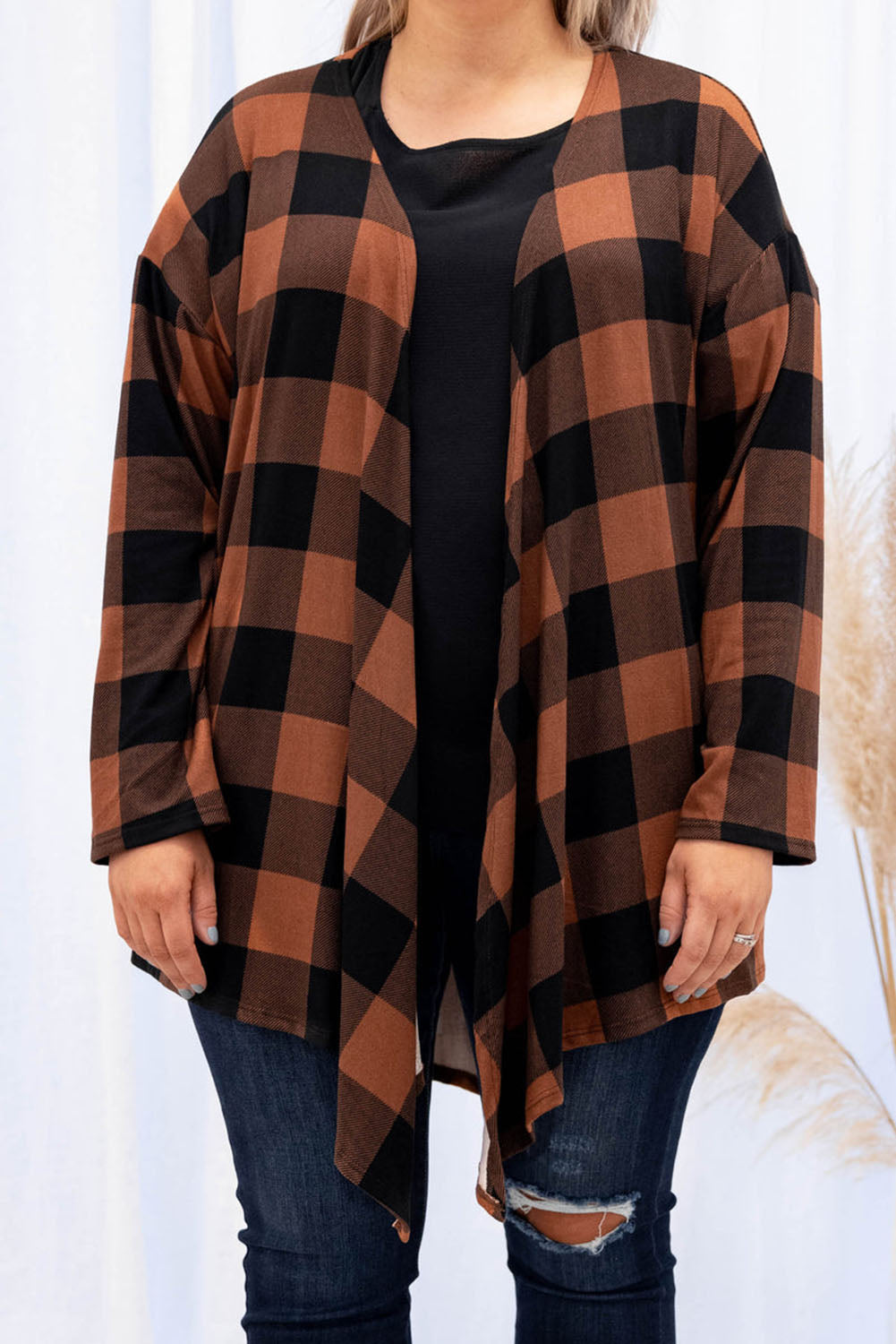 Brown Plus Size Plaid Pattern Open Front Cardigan